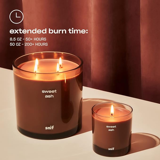 Sweet Ash Luxury Scented Candle by Snif, Low-Key Sweet and Earthy Scent, 200+ Hours, 100% Cotton Fiber Wicks, Soy Wax Blend, Non-Toxic, Vegan, 50 oz