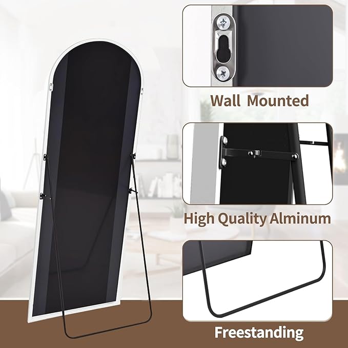 OGCAU 58"x18" Arched-Top Full Length Mirror, Full Body Hanging or Leaning, Standing Mirror, Floor/Wall Mounted with Aluminum Frame for Bedroom Living Room, White