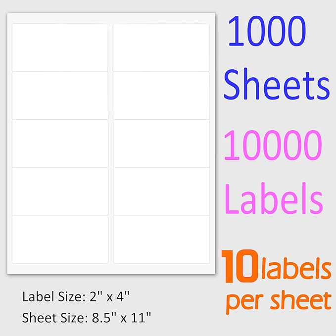 MPRT 2" x 4" Shipping Address Labels 10000 Label Stickers Paper for Laser & Inkjet Printer 10 per Page Printable Mailing Labels - Matte, 1000 Sheets
