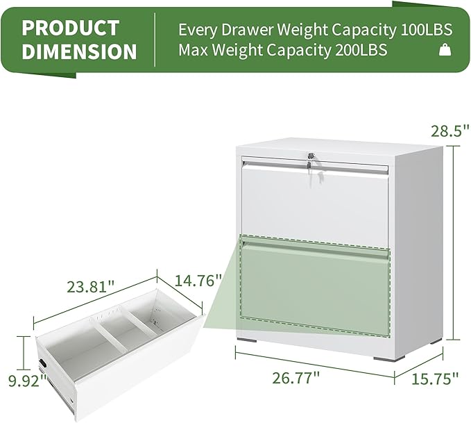 2 Drawer Lateral File Cabinet with Lock, Filing Cabinets for Home Office, Storage Cabinets for Hanging Files Letter/Legal/F4/A4, Require Assembly(White)