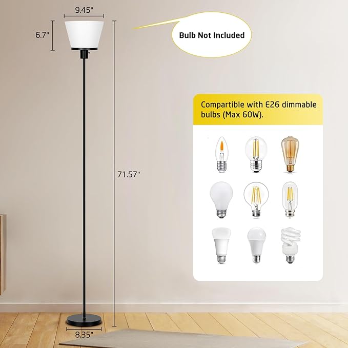 LED Floor Lamp Tall Standing Lamp, Black Modern Torchiere Floor Lamps for Bedroom Living Room Office, Bright Floor Lamp with White Plastic Shade, Bulb Not Included.