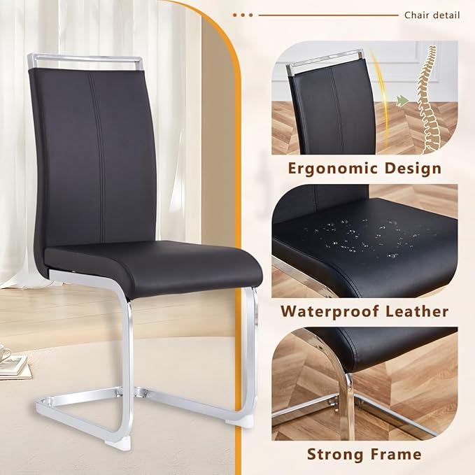 63'' Glass Dining Table Set for 6, Kitchen Table Chairs Set of 6, Clear Glass Dining Table with White unique design Leg and Silver Metal Base, 6 PU Dining Chairs with Metal Legs, Living Room, Kitchen.