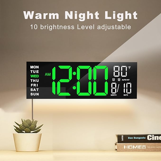 JALL 16" Large Digital Wall Mount Clock, Count Down Timer, Alarm, Big LED, RGB Color, DST, Temperature for Living Room Classroom Desk, Xmas, Birthday Gift for Senior Mom Dad (Green White, 16 inches)