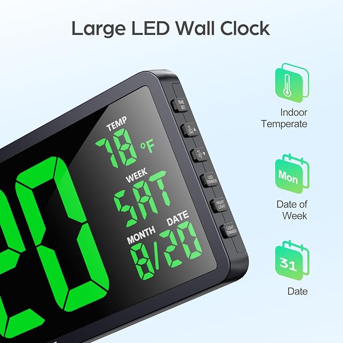 YORTOT 16β Large Digital Wall Clock with Remote Control and 7 Night Lights, 4 Level Dimmer, Super Easy to See, Big LED Clock with Indoor Temperature, Date, Perfect for Home, Office, Gym (Green)