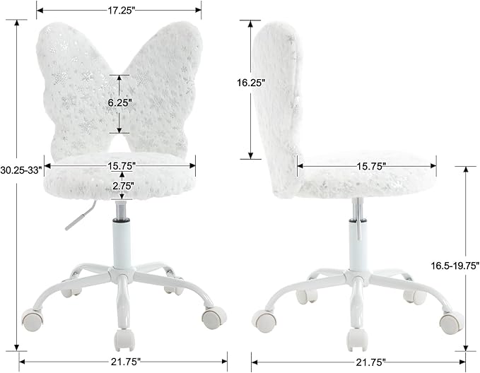 Butterfly Kids Desk Chair, Adjustable, Swivel, Faux Fur, White