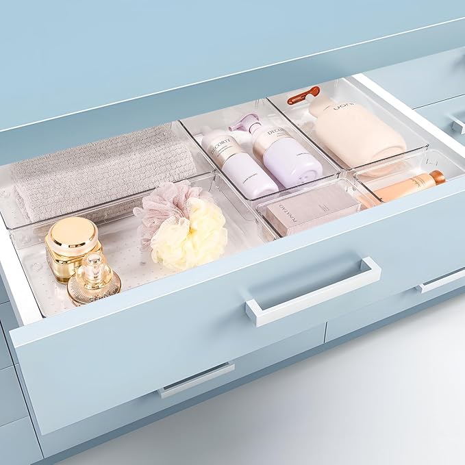 6 PCS Large Drawer Organizer, 3Sizes Plastic Versatile Desk Drawer Organizer Trays with Non-Slip Silicone Pads, Storage Bins for Makeup, Office, Kitchen Gadgets Utensils, Bedroom, Tools, Bathroom