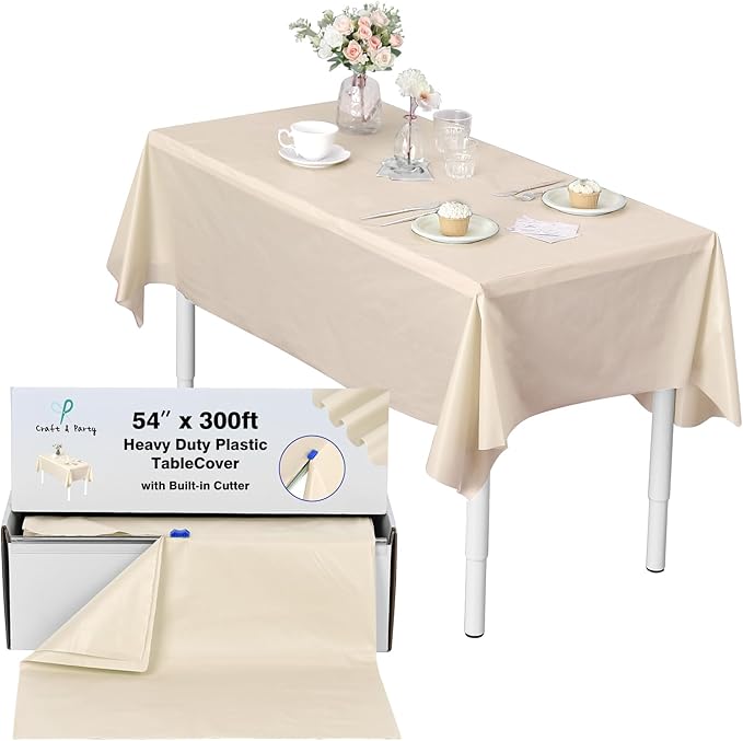 Craft And Party, 54 in x 300 feet Plastic Table Cover Roll for Party, Banquet, Picnic, Kids Activities for Any Size and Shape Table (Ivory, 54" x 300ft)
