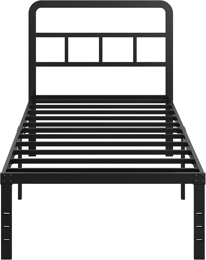 Twin Bed Frames with Headboard 16 Inch, Metal Platform No Box Spring Needed Heavy Duty Steel Slat Mattress Foundation/Easy Assembly/No Noise/Black