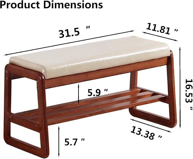 Solid Wood Shoe Bench, 2-Tier Wooden Entryway Bench, Modern Shoe Rack with Faux Leather Cushion for Hallway, Living Room (Gray, 31.5'')