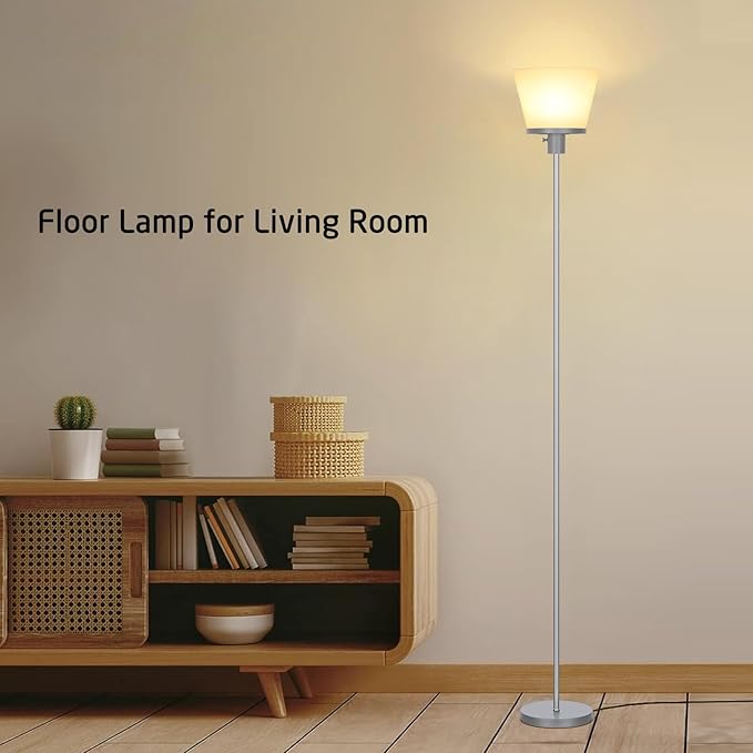 Standing Lamp for Bedroom, LED Modern Floor Lamp for Living Room Office, Sliver Tall Bright Floor Lamp with White Plastic Shade, Bulb Not Included.
