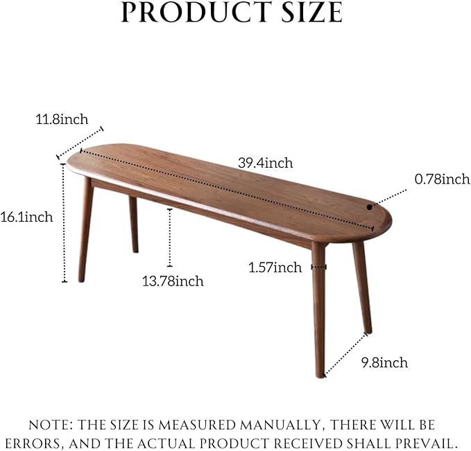 100% Solid Oak Indoor Dining Bench, Wood Bench for End of Bed with Safety Rounded Corners, Entryway Benches for Farmhouse, Kitchen, Living Room(Walnut,12" L x 39.5" W x 16.2" H)