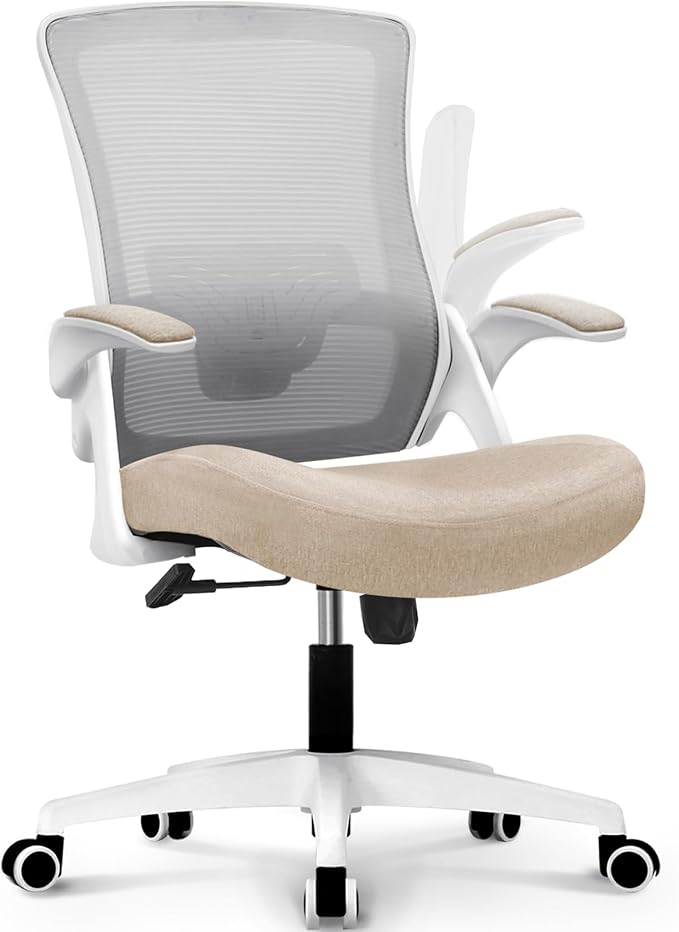 NEO CHAIR Office Desk Chair Computer High Back Mesh Gaming Seat with Ergonomic Adjustable Comfy Flip-up Armrests Lumbar Support Height for Home (Beige)