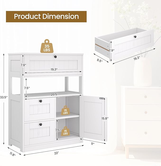 Bathroom Cabinet, Modern Bathroom Floor Storage Cabinet Organizer with 1 Door and 3 Drawers, Freestanding Cupboard for Kitchen/Living Room Use