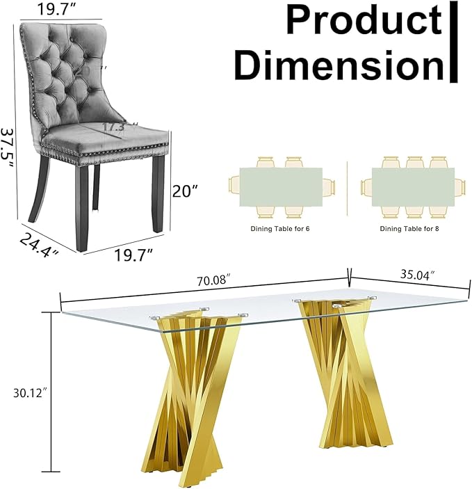 Goujxcy 70" Glass Dining Table Set for 4, Modern Gold Dining Table Set with 4 Grey Velvet Upholstered Dining Chairs, 5 Piece Kitchen Dining Room Table Set with Stainless Steel Legs