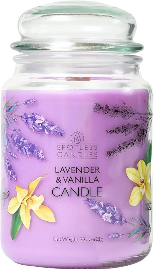 Vanilla & Lavender Candle 22oz Glass Jar with Wooden Wick in a Decorated Jar Within a Presentation Gift Box and Protective Shipping Box