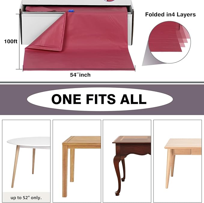 Craft And Party, 54 in x 100 feet Plastic Table Cover Roll for Party, Banquet, Picnic, Kids Activities for Any Size and Shape Table (Burgundy, 54" x 100ft)