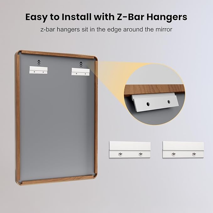 LOAAO 28X36 Bathroom Mirror with Wood Grain Colored Metal Frame, Rounded Rectangle Metal Framed Bathroom Mirror, Anti-Rust, Hangs Horizontally or Vertically