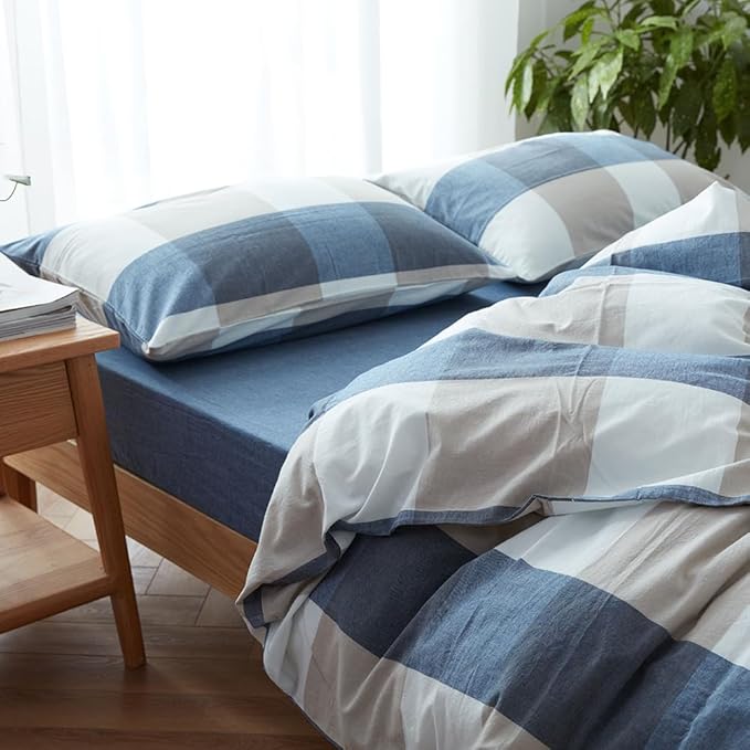 FACE TWO FACE Bedding Duvet Cover Set100% Washed Cotton Duvet Cover Linen Like Textured Breathable Durable Soft Comfy (Full, Blue and White Grid)