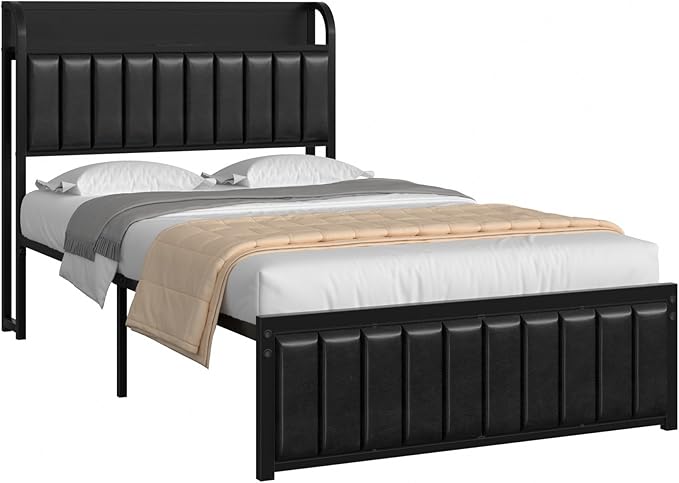 VECELO Twin Bed Frame with Headboard, Upholstered Platform Bedframe, Heavy Duty Metal Slats, No Box Spring Needed, Easy Assembly, PU Black