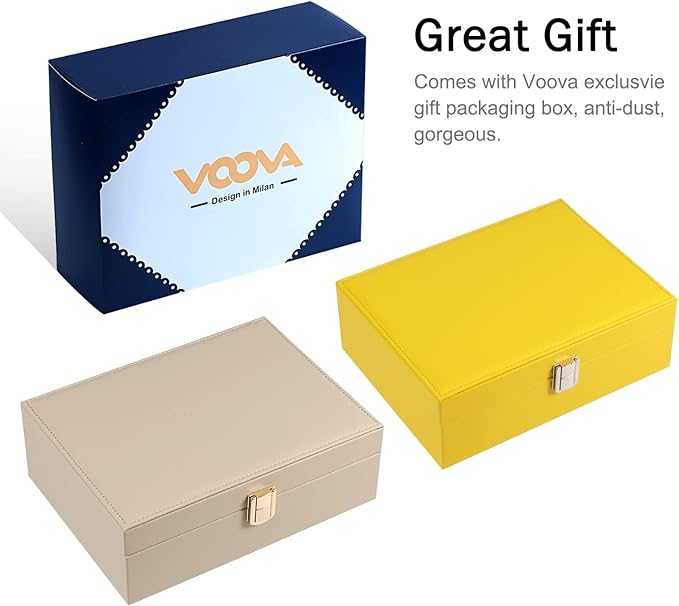 Voova Jewelry Box Organizer for Women Girls, 2 Layer Large Men Jewelry Storage Case, PU Leather Display Jewellery Holder with Removable Tray for Necklace Earrings Rings Bracelets, Vintage Gift, Yellow