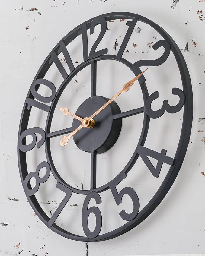Wall Clocks for Living Room Decor, 14 Inch Silent Analog Battery Operated Wall Clock, Black Rustic Farmhouse Metal Wall Clock for Kitchen, Office, Bedroom