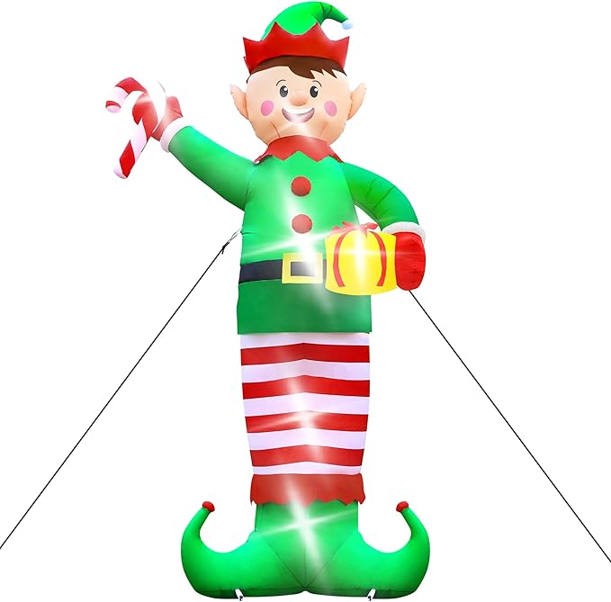 Christmas Inflatables, Giant 15 FT Christmas Elf Inflatable Outdoor Decoration, Blow Up Xmas Elf Holding Box, LED Lighted Holiday Yard Decorations for Lawn Garden Home Party Xmas Winter Decor