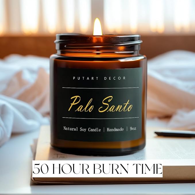 Palo Santo Highly Scented Candle for Home, 9oz Natural Soy Aromatherapy Non Toxic Candles with Essential Oil, Home Fragrance Stress Relief & Meditation Jar Candles Gifts for Women & Men