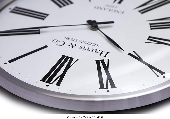 HARRIS & CO. CLOCKMASTERS ( 13 Inch Premium Luxury Wall Clock Roman Design - (Metal Frame & Curved Glass)(Silent Sweep Noiseless Technology) Model Name - Abbey Road