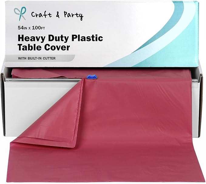 Craft And Party, 54 in x 100 feet Plastic Table Cover Roll for Party, Banquet, Picnic, Kids Activities for Any Size and Shape Table (Burgundy, 54" x 100ft)