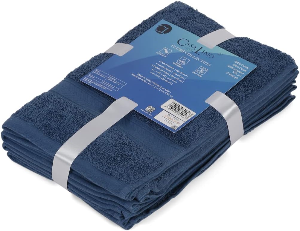 Casa Lino 4 Pack Hand Towels for Bathroom, 18"x28", 100% Cotton, Ultra Soft & Highly Absorbent, Premium Luxury Towels for Gym, Shower, Hotel, New Apartment Essentials, Navy