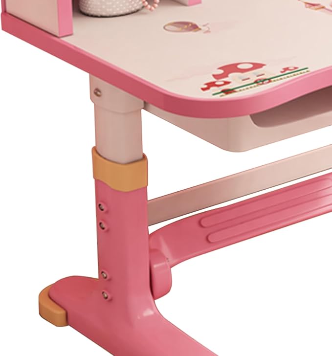Kids Desk and Chair Set Adjustable School Study Desk with Castle Backboard, Wide Tabletop, Bookstand & Storage Drawer for Children's Room Pink (Pink)