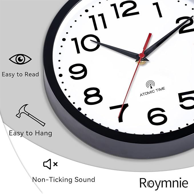 Atomic Wall Clock 10 Inch, Modern Clock Battery Operated Classic Analog Decorative for Kitchen, Living Room, Office, Bedroom, Bathroom (Black)
