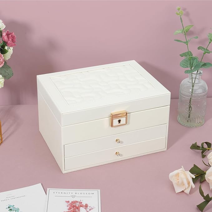 DesignSter Jewelry Box,Jewelry Organizer with 2 Drawers, 3 Layers Leather Jewelry Storage Box with Lock, Jewelry Storage Case for Necklaces Earrings Bracelets and Rings(Beige)
