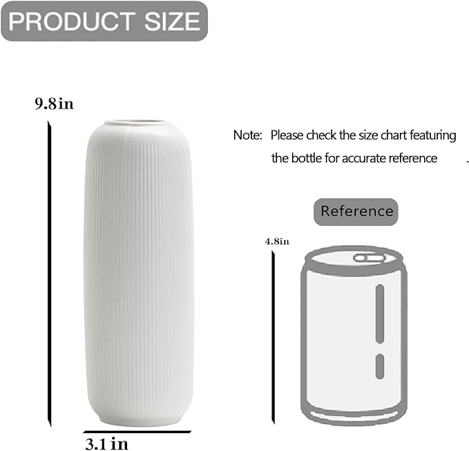 White Ceramic Vases for Flowers, 9.8 INCH Modern Small Ribbed Textured White Flower Vase for Home Decor, Pampas Grass, Decorative, Farmhouse, Coffee Table, Bookshelf and Home Living