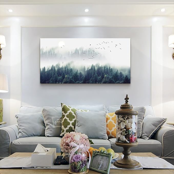 Canvas Wall Art for Living Room - Misty Forests of Evergreen Coniferous Trees in an Ethereal Landscape - Modern Home Decor The bedroom wall art Stretched and Framed Ready to Hang 24" x 48" wall decor