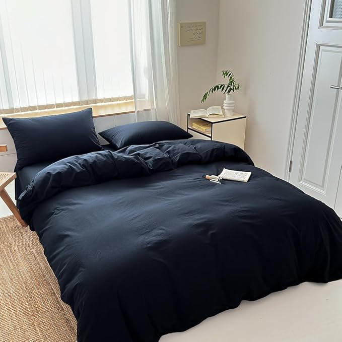 FACE TWO FACE Bedding Duvet Cover Set100% Washed Cotton Duvet Cover Linen Like Textured Breathable Durable Soft Comfy (Twin, Tibetan Blue)