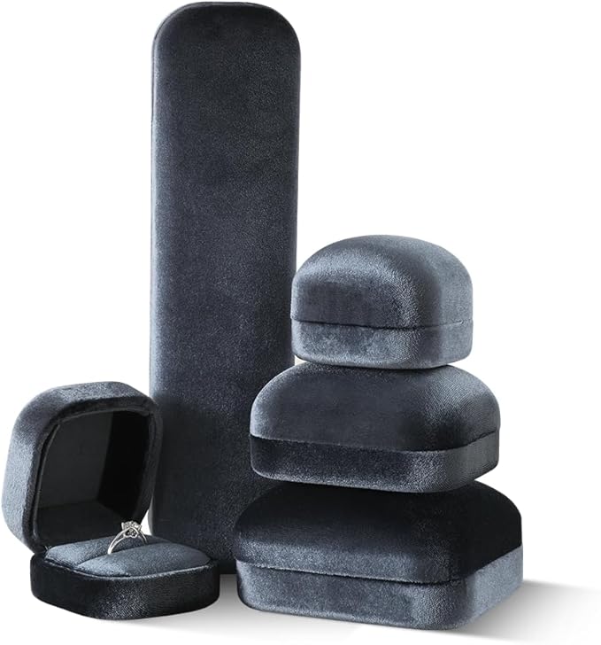 Resilient Velvet Ring Earrings Bracelet Necklace Display Box, Travel Mini Jewelry Organizer Case (Gray, Long Chain Box)