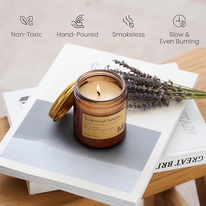M&SENSE Teakwood Intense Candles for Home Scented Aromatherapy Candle Gift Set for Women and Men,7.05oz Soy Wax Long Lasting Amber Jar Candles Gift for Birthday Housewarming Mother's Valentine Day