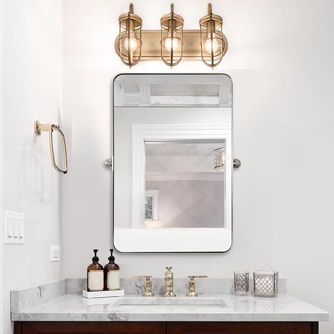 28"x36" Brushed Nickel Pivot Bathroom Mirror, Silver Metal Framed Rounded Rectangular Wall Mirrors, Tilting Beveled Vanity Mirror, Wall-Mounted Mirrors Hangs Vertically Only(Overall 31.75" x 36")