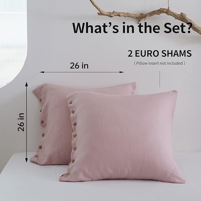 Simple&Opulence 100% Washed Linen Euro Sham Cover, 26 x 26 Inch, Decorative Bed Pillow Cover with Coconut Button, Solid Color Pillow Shams Set of 2 (Blush Pink)