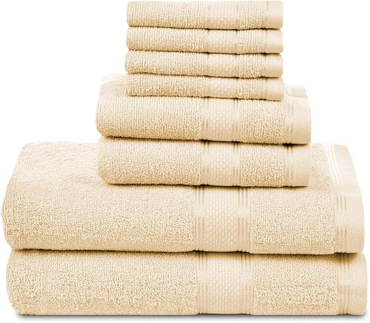 Casa Lino Bath Towel Set of 8 (2 Bath Towels, 4 Wash Cloths & 2 Hand Towels for Bathroom) - 100% Cotton - Highly Absorbent & Quick Dry - Guest Room Essentials for Bathroom Set - (Linen Brown)