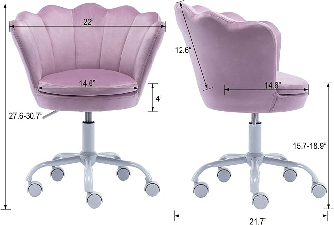 DM Kids Desk Chair Ergonomic Reading Study Adjustable Computer Chair for Students Cute Modern Upholstered Velvet Swivel Rolling Arm Chair with Seashell Back for Girls Bedroom, Purple