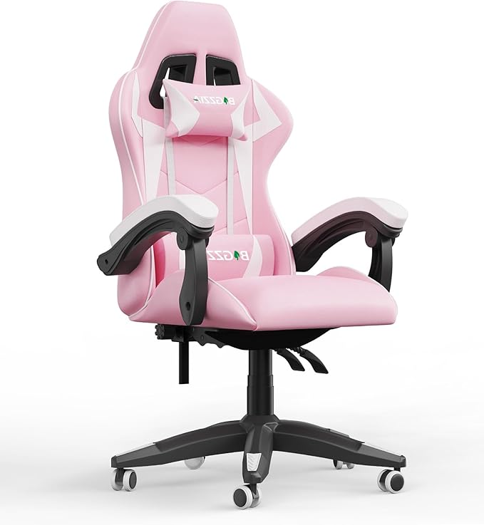 Pink Gaming Chair High Back, Ergonomic Computer Gamer Chair with Headrest and Lumbar Support, Racing Style Reclining Game Chair for Adults, Kids