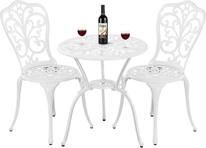 Patio Bistro Sets, Cast Aluminum Bistro Table and Chairs Set of 2 with Umbrella Hole, Bistro Set 3 Piece Outdoor, Metal Patio Furniture Set for Garden Porch, White