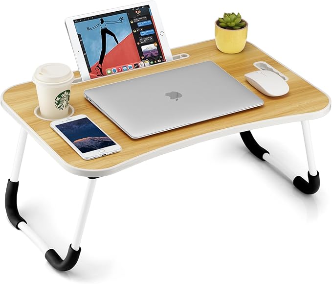Foldable Laptop Table, Portable Lap Desk Bed Table Tray, Laptop Stand with Cup Holder & Tablet Slot & Lifting Handle for Working Writing Drawing & Eating (Wood)