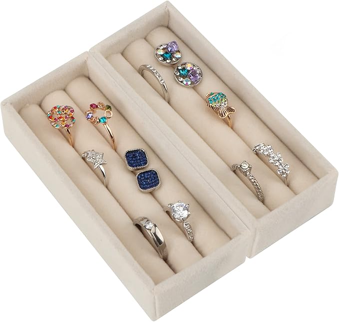 DesignSter Small Jewelry Tray, 2PCS Ring Organizer, Velvet Jewelry Display Tray, Stackable Jewelry Organizer Trays, Jewelry Drawer Organizer Inserts For Dresser, Jewelry Box (Beige)