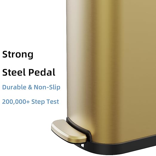 2.6 Gallon Slim Bathroom Trash Can with Soft Close Foot Pedal, 10L Stainless Steel Garbage Can with Removable Liner Bucket, for Narrow Spaces, Bedroom, Gold