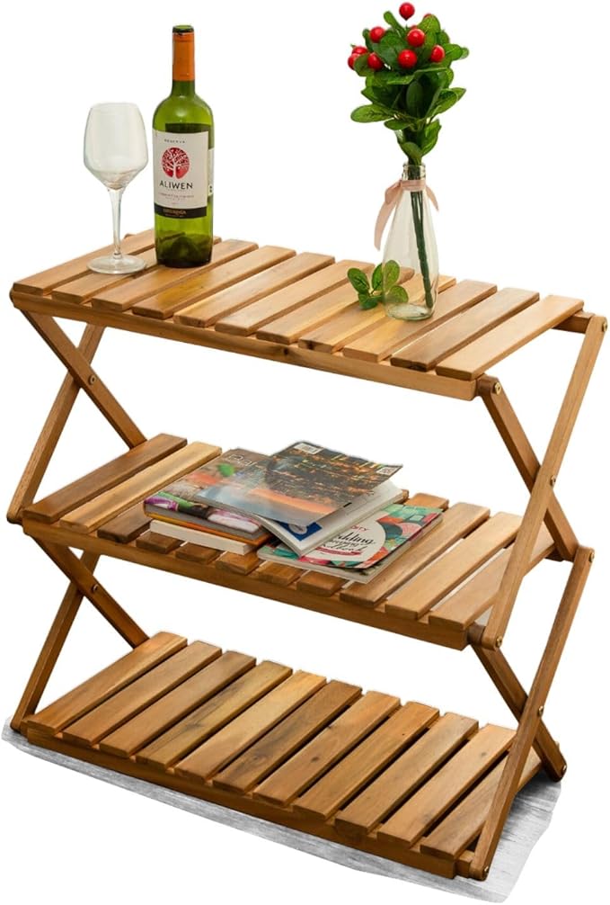 BEEFURNI Multipurpose Display Shelf Folding, 3 Tier Shelf, Acacia Wood Rack, Plant Stand Indoor, Wooden Shoe Rack, Vanity Bathroom Stand, Easy to Assemble, 1 Year Warranty