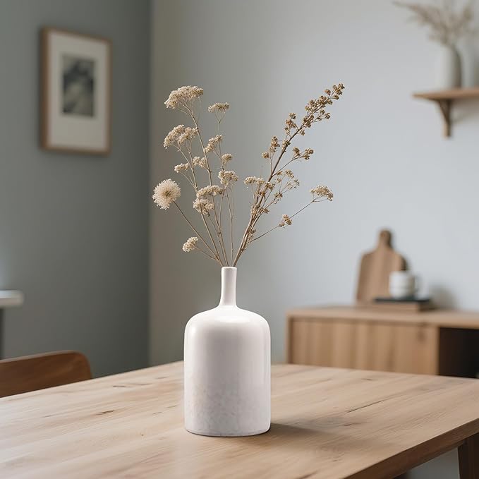White Ceramic Vase Set - Set of 2 Table Vase, Ceramic Flower Vases for Centerpieces, White Reactive Long Neck Vases, Large Tabletop Living Room Decor 9.5 Inch Cynkeyee