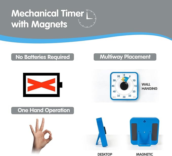 Visual Timer 7.5 inch, 60-Minute Countdown Timer for Kids Classroom Teaching Tool Office Meeting, Mechanical Countdown Clock for Exam Time Management Magnetic Kitchen Timer with Fish Pattern, Blue